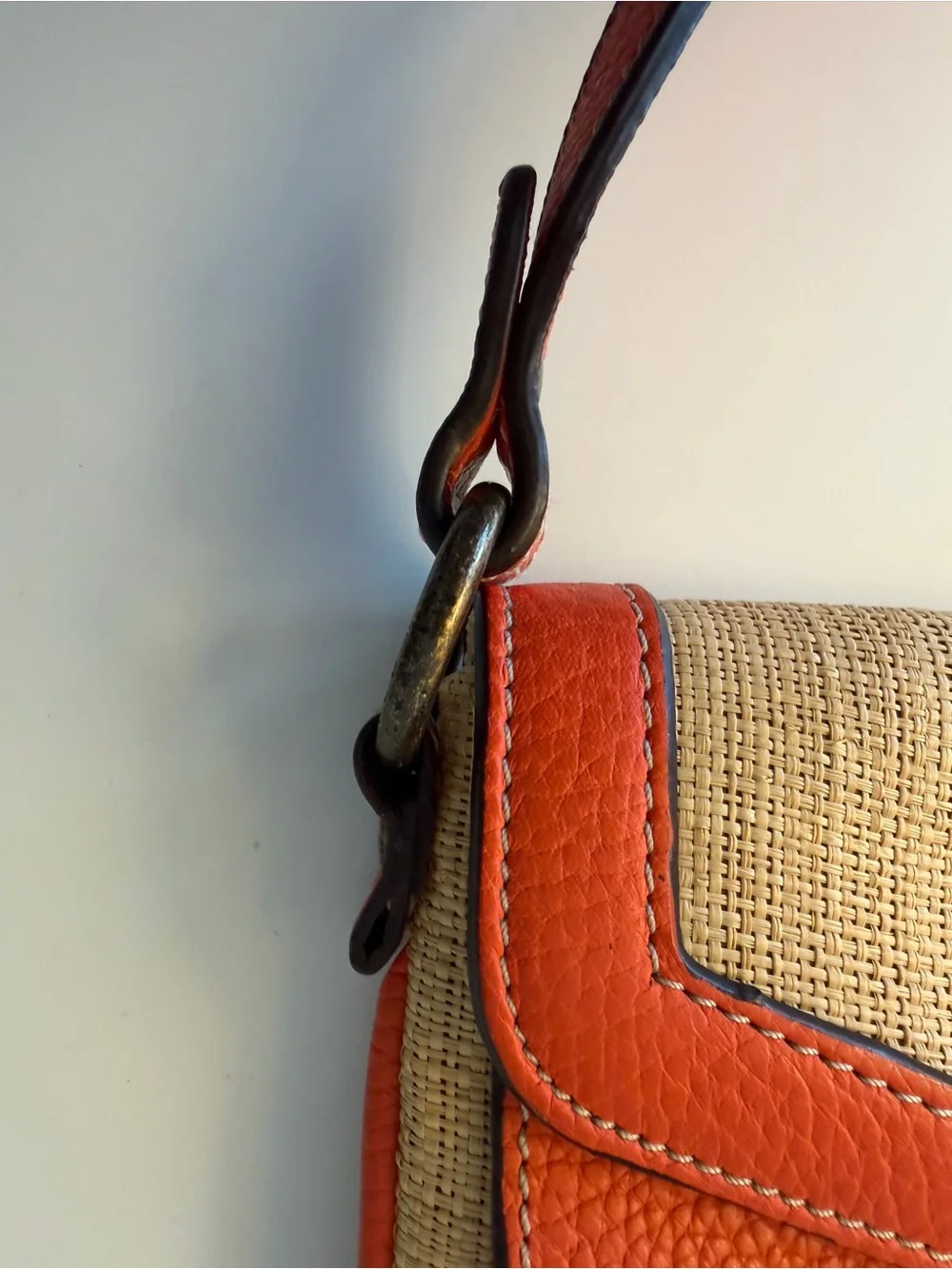 J Crew Woven Straw Shoulder Bag with Orange Leather Trim